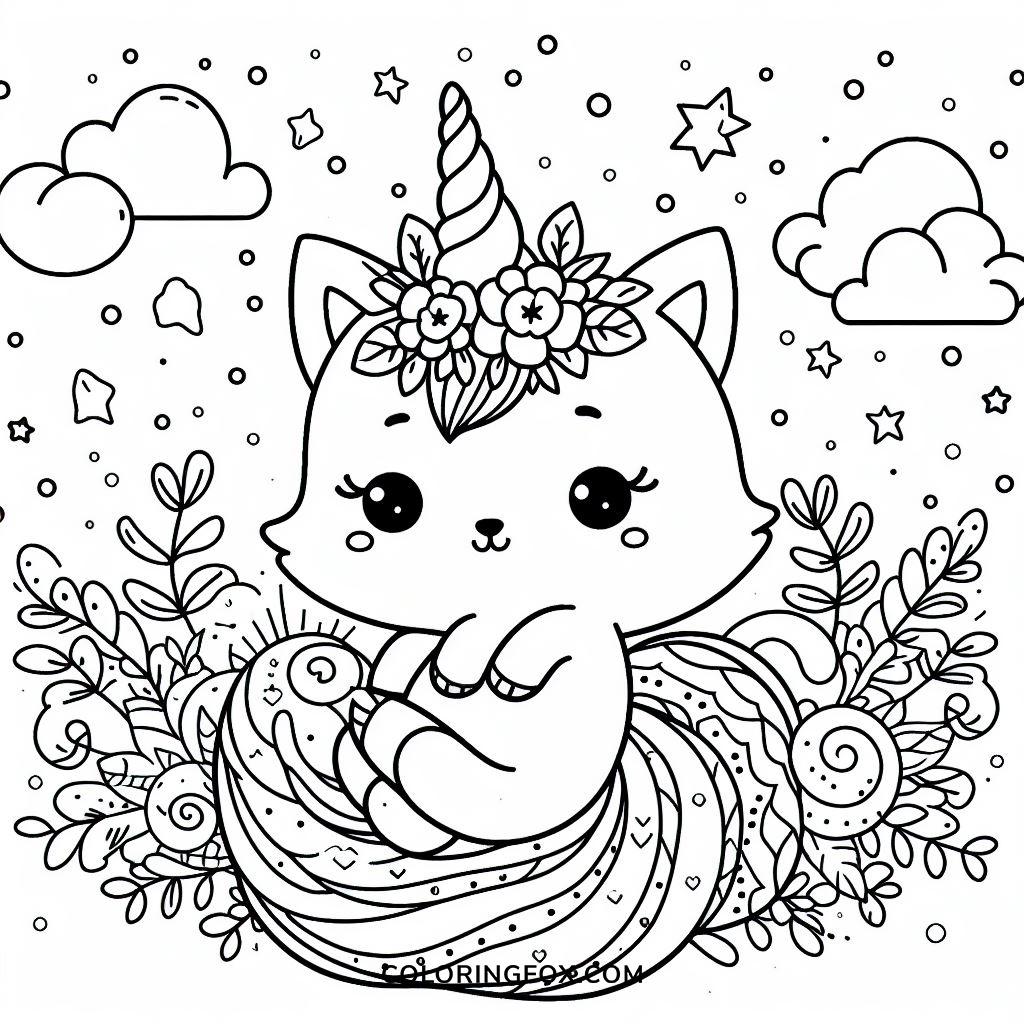 whimsical unicorn cat coloring page - coloringfox.com