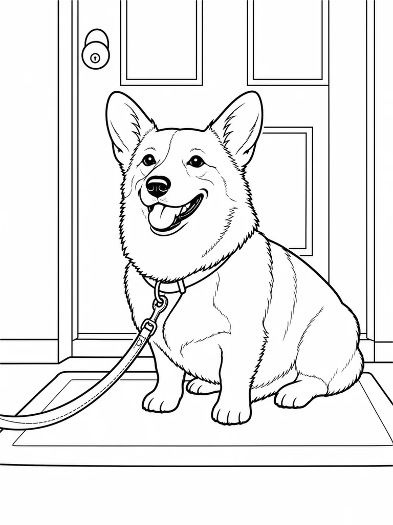 A Corgi sits on a front door mat with a leash ready for walk time.