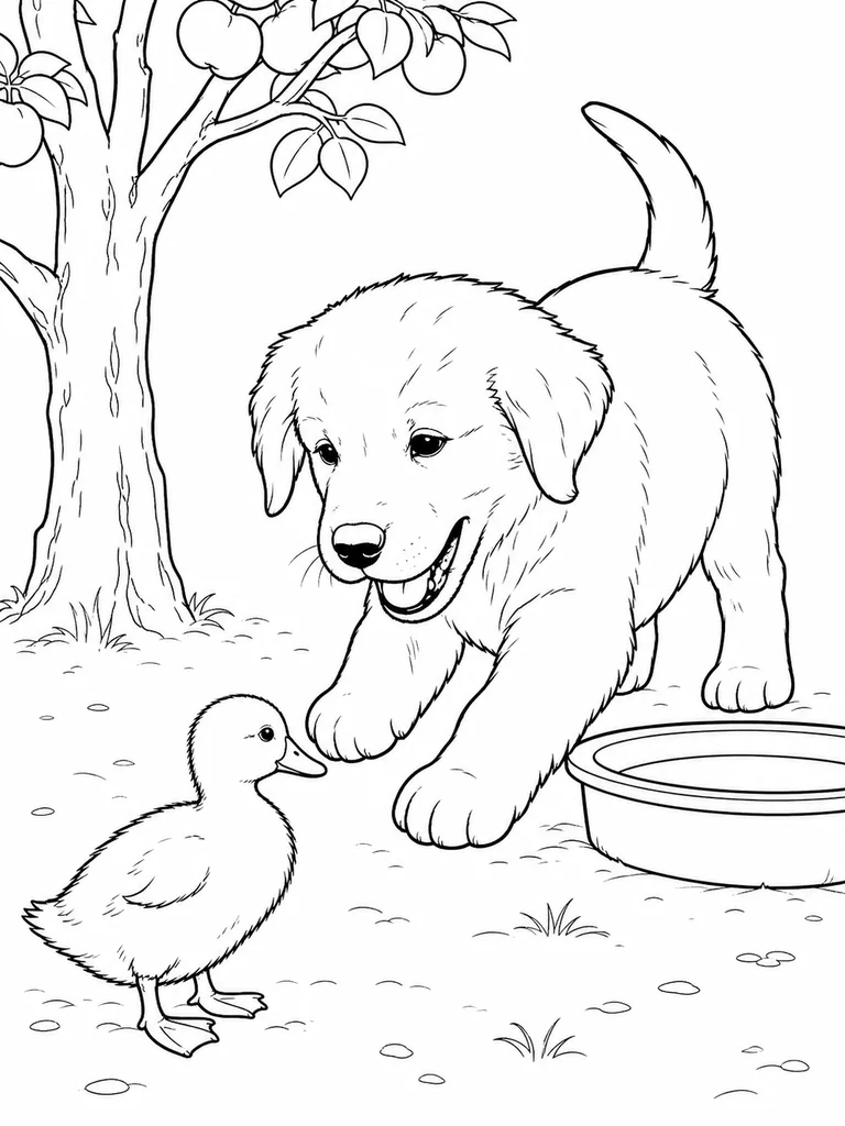 Reaching toward a duckling, a playful Golden Puppy stands beside a low water bowl and fruit tree.