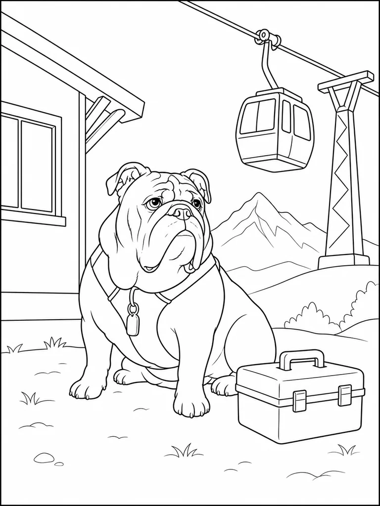 Beside a closed tool case, an English Bulldog sits and looks up toward a mountain cable car.