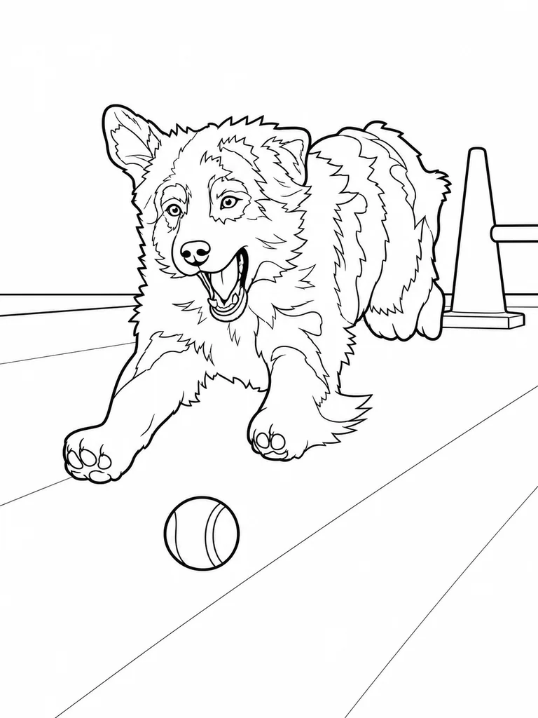 This Aussie Dog coloring sheet shows a happy runner chasing a ball across an indoor floor.