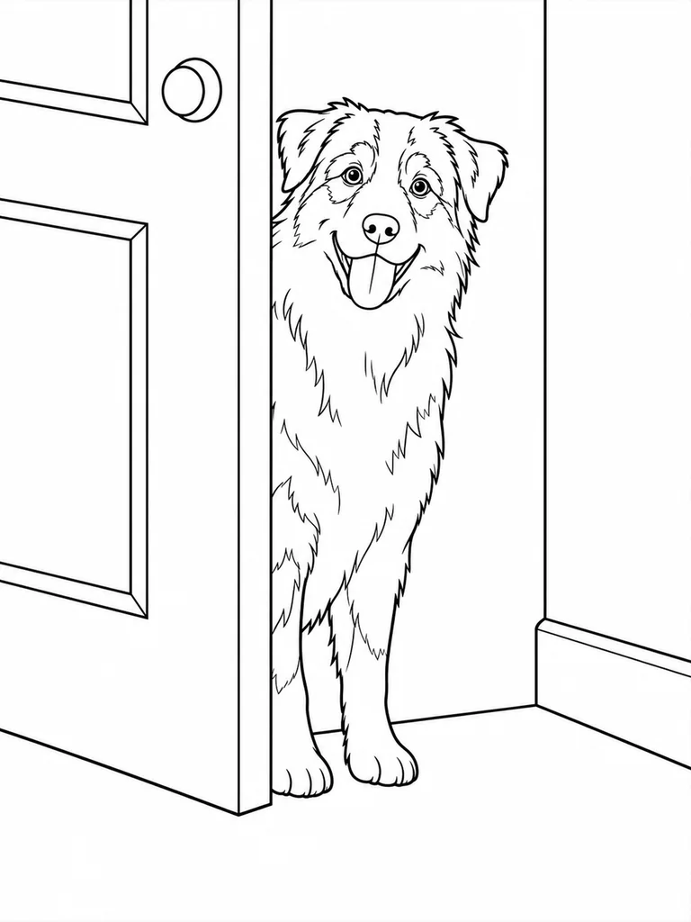 An Aussie Dog peeks through a half-open doorway with its paws on the floor.