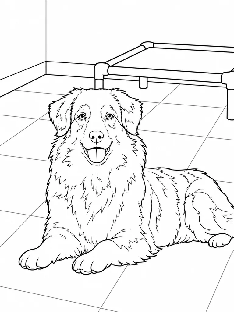 An Aussie Dog lies on a kennel floor with a raised bed behind it.