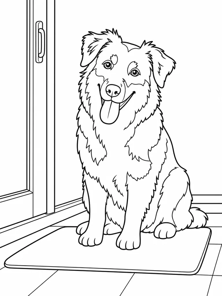 By the patio door, an Aussie Dog sits on a plain mat with a happy face.