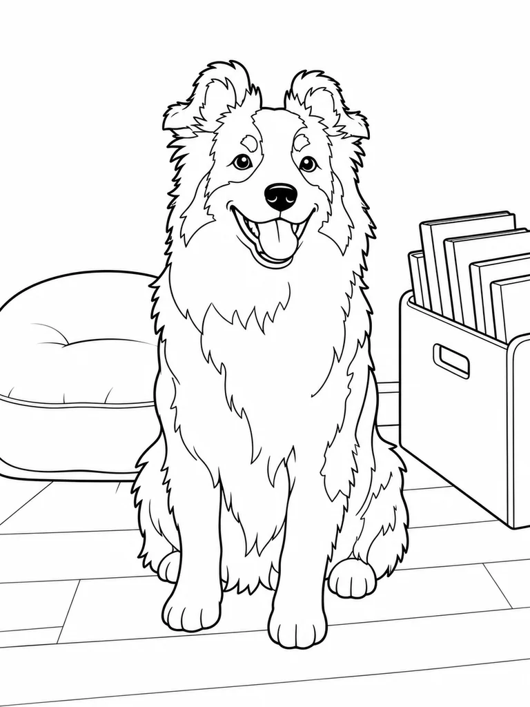 An Aussie Shepherd sits near a classroom book bin and cushion for a calm coloring page scene.