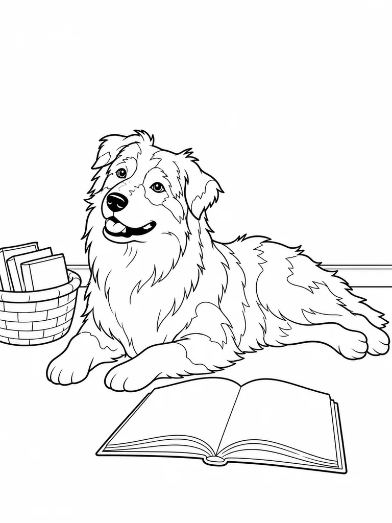 An Aussie Shepherd lies beside a book basket and an open picture book in a quiet reading corner.