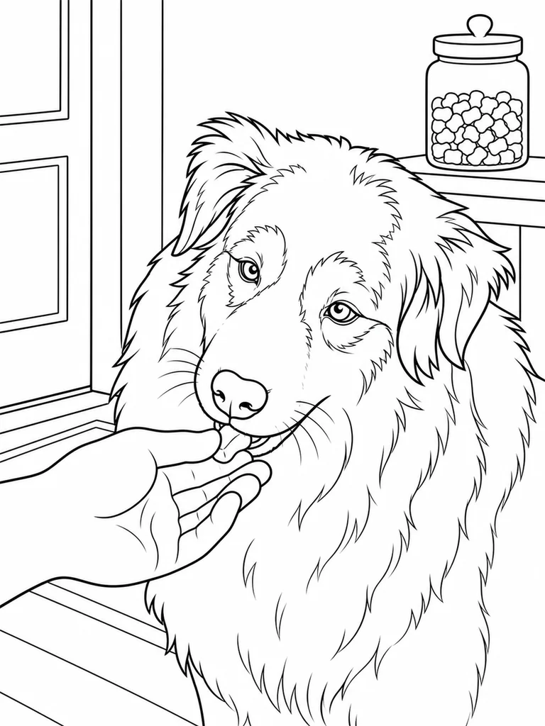 An Aussie Shepherd leans toward a hand offering a tiny treat near the home entry.