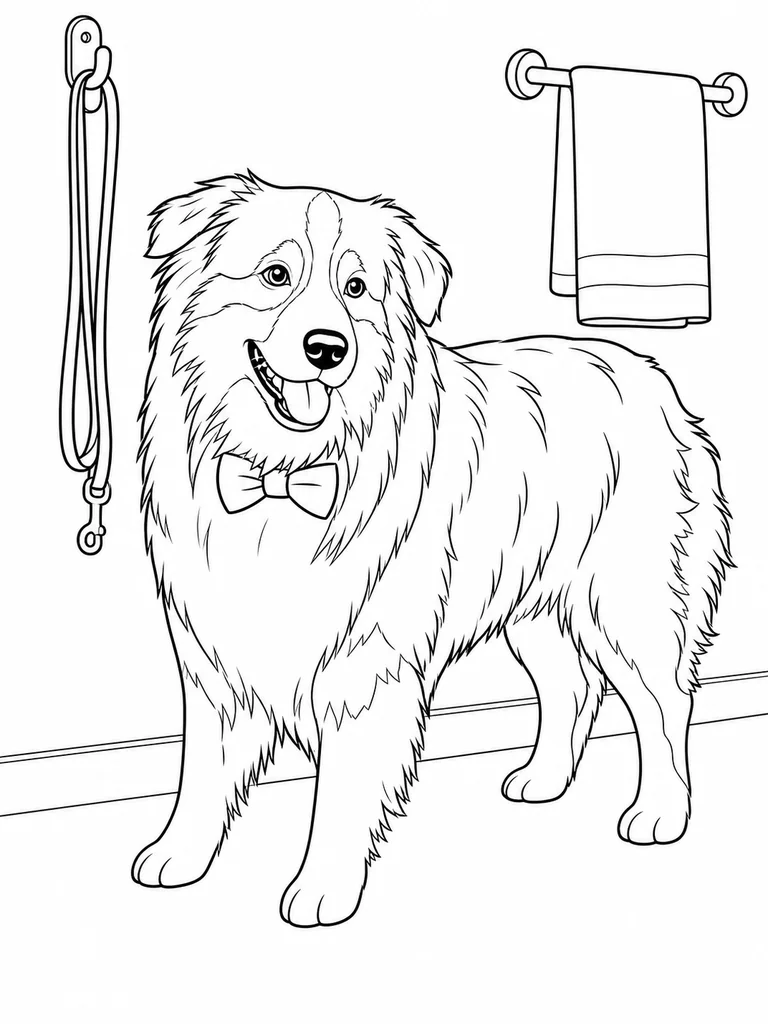 An Australian Shepherd stands beside a leash hook and towel rail in a grooming area.