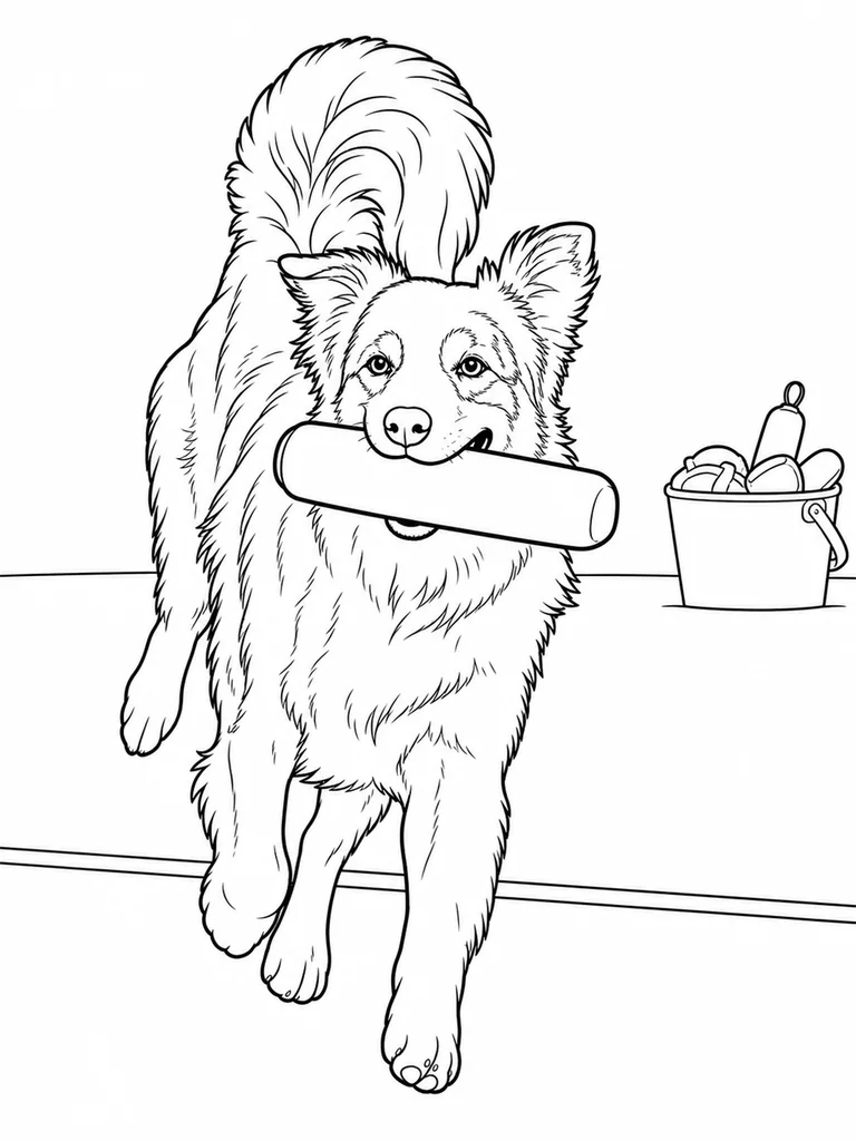 An Australian Shepherd runs forward with a smooth fetch bumper held gently in its mouth.