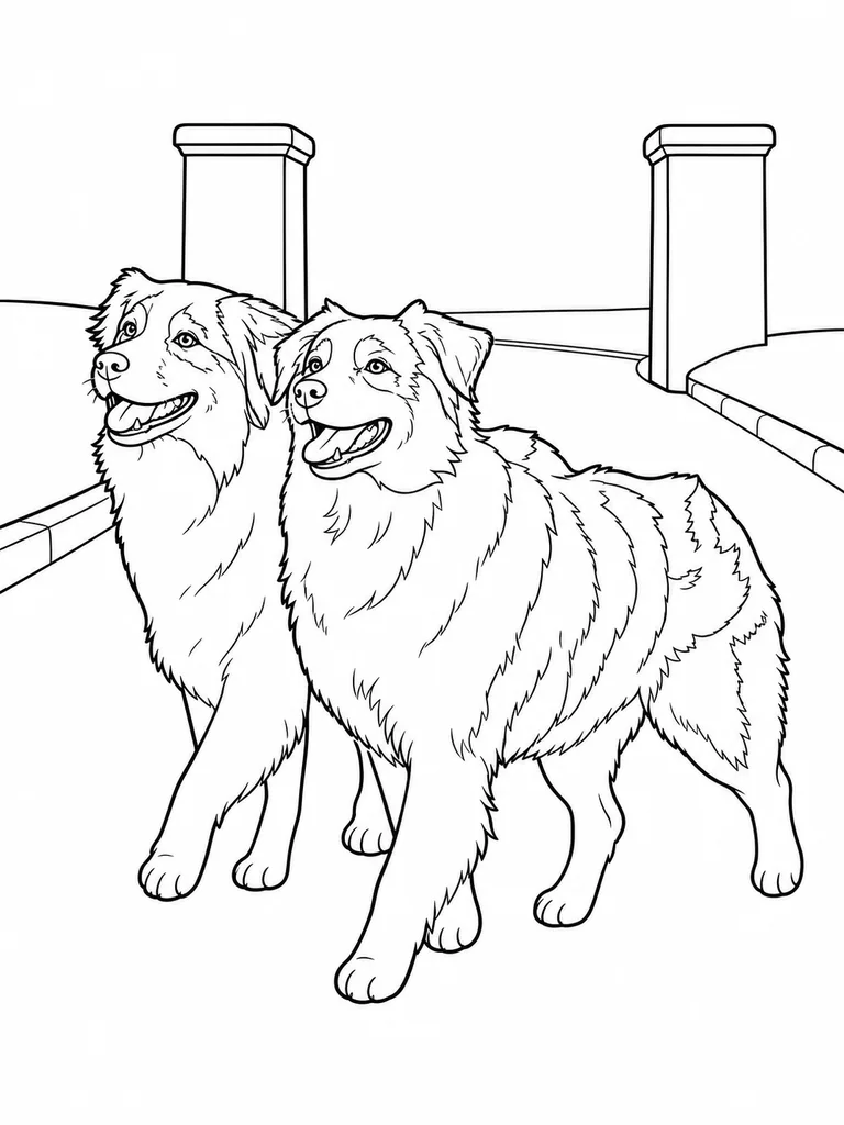 Two Australian Shepherd friends walk together along a wide park path between simple posts.