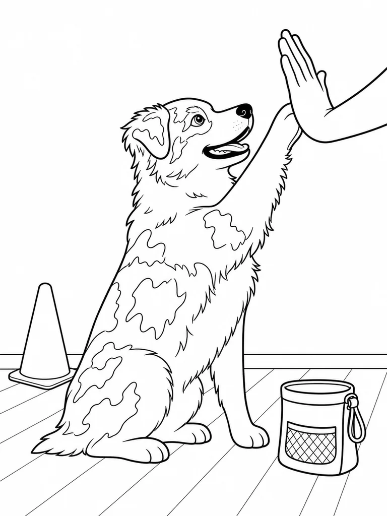An Australian Shepherd sits up and touches a trainer's hand during a simple high-five lesson.
