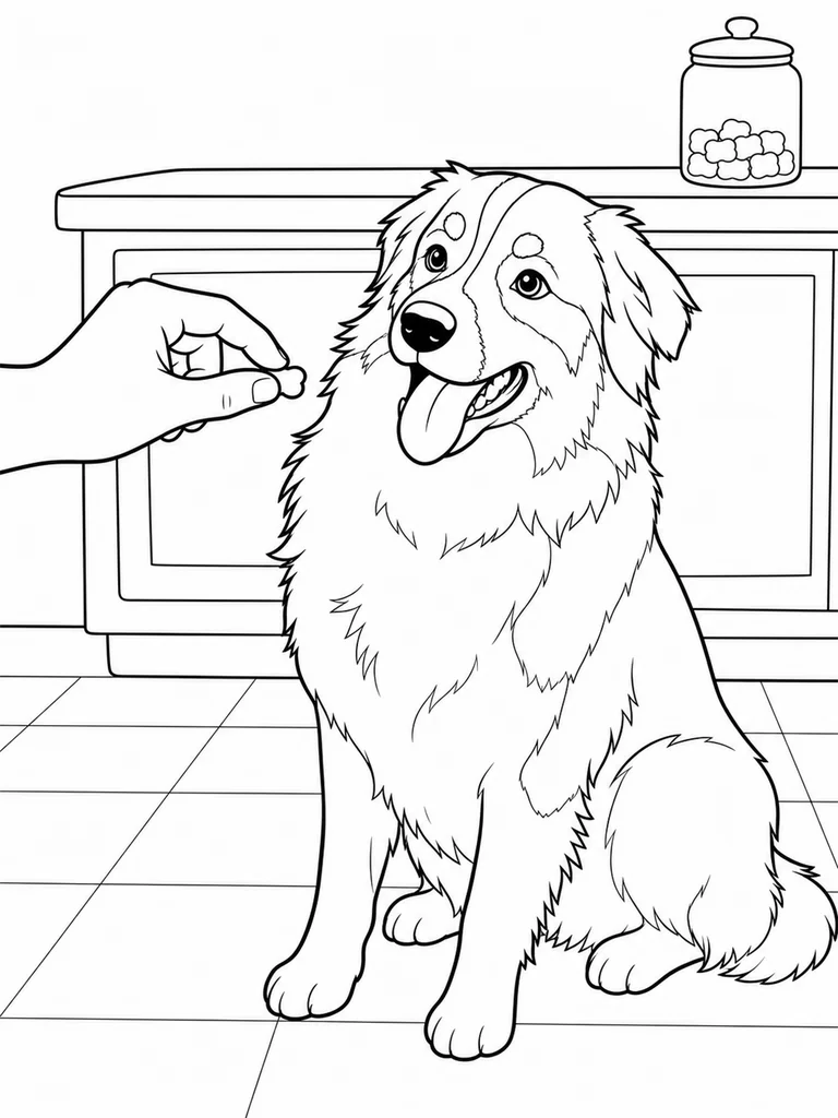 This Australian Shepherd printable shows a seated pup watching a treat in a kitchen.