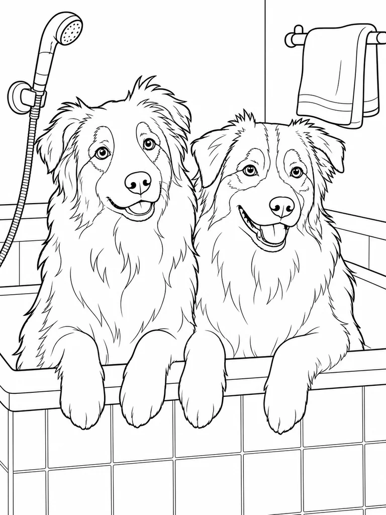 Two Australian Shepherd pals rest their paws on a wash tub while towels and a sprayer sit nearby.