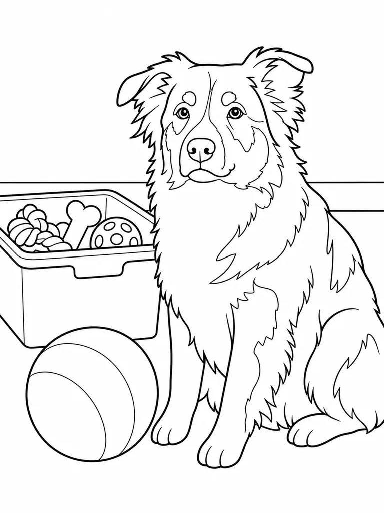 This Australian Shepherd coloring page shows a sitting pup beside a toy box and big ball.