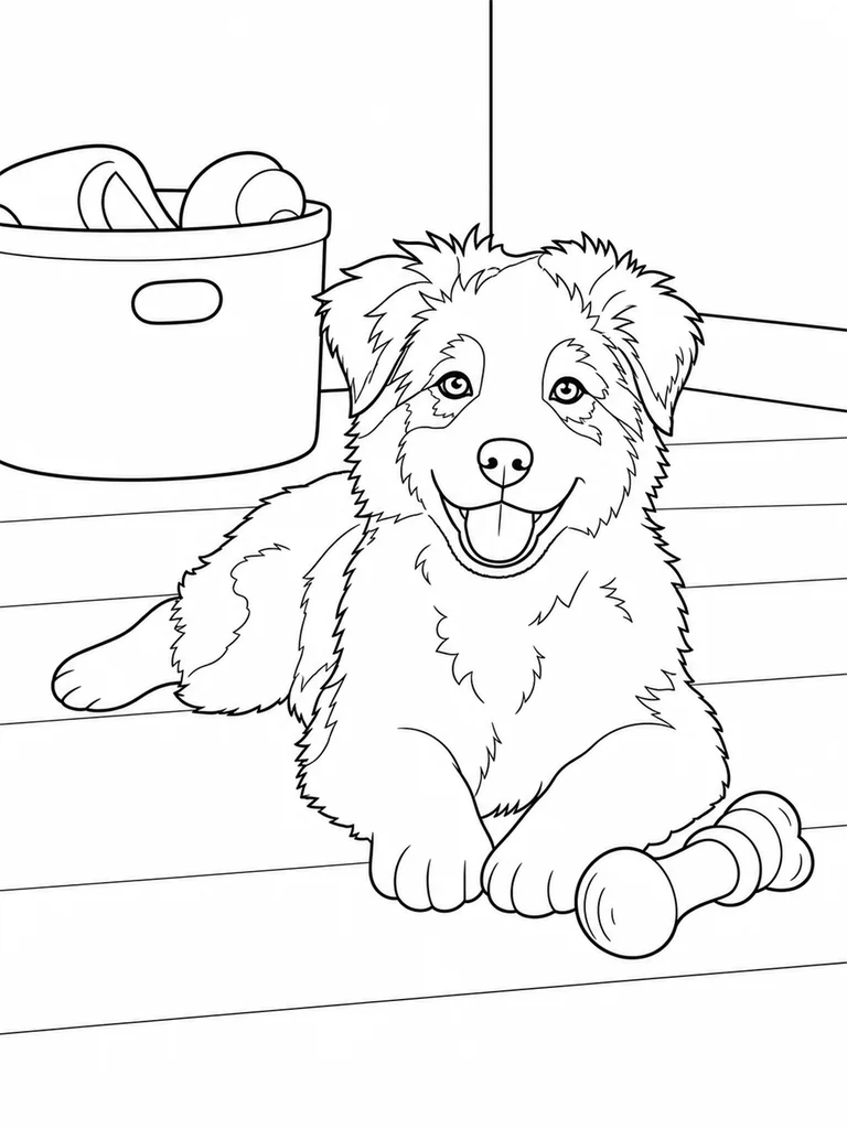 An Australian Shepherd Puppy lies on the floor near a chew toy and a soft storage bin.