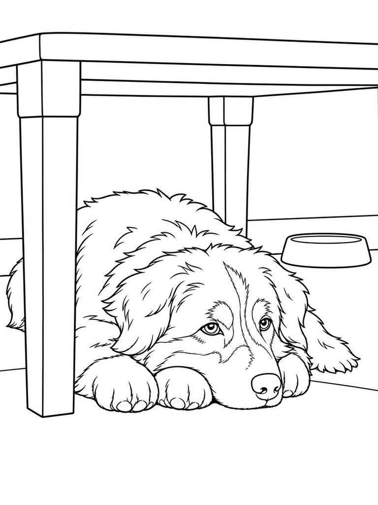 An Australian Shepherd Puppy rests under a kitchen table with a bowl in the background.