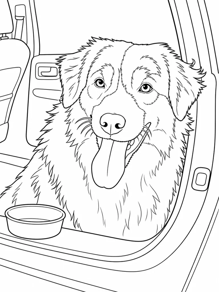 This Australian Shepherd coloring page shows a happy traveler by an open car door and water bowl.