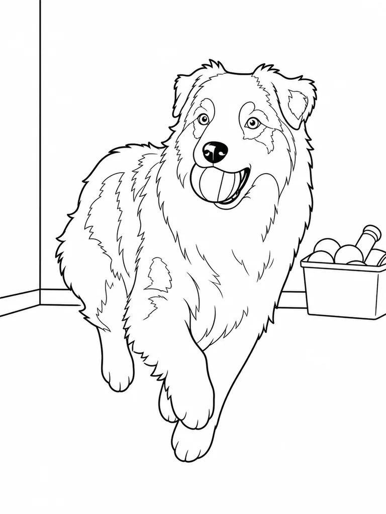 An Australian Shepherd runs forward indoors with a round ball held in its mouth.