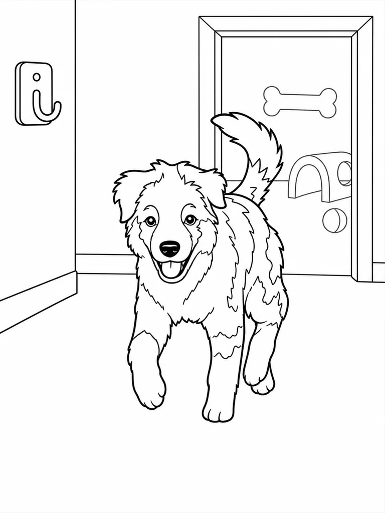 An Australian Shepherd trots down a daycare hallway with an open playroom doorway behind it.
