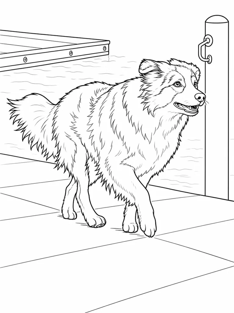 An Australian Shepherd walks along a plain ramp near a dock post and calm water lines.