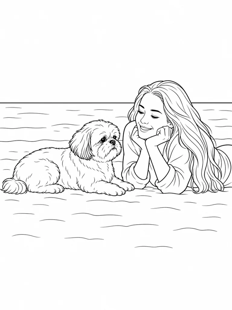 A Shih Tzu lies on the sand facing a smiling person near the calm shoreline.