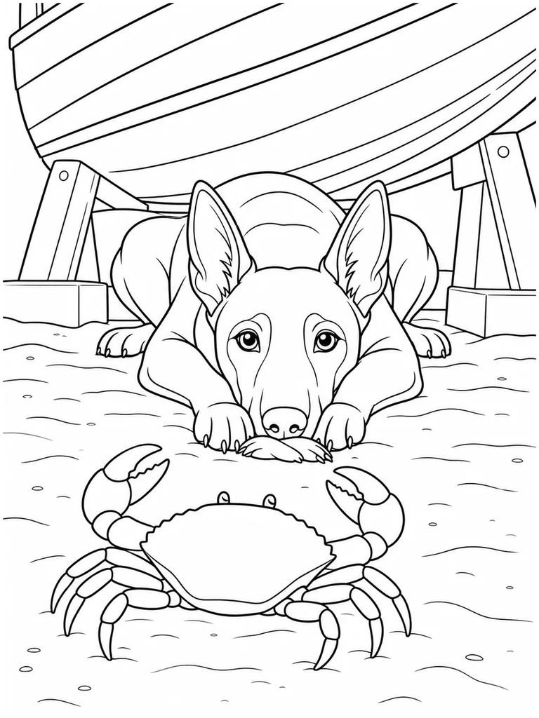 This coloring page features a Belgian Malinois lying beneath a raised boat and watching a large crab.