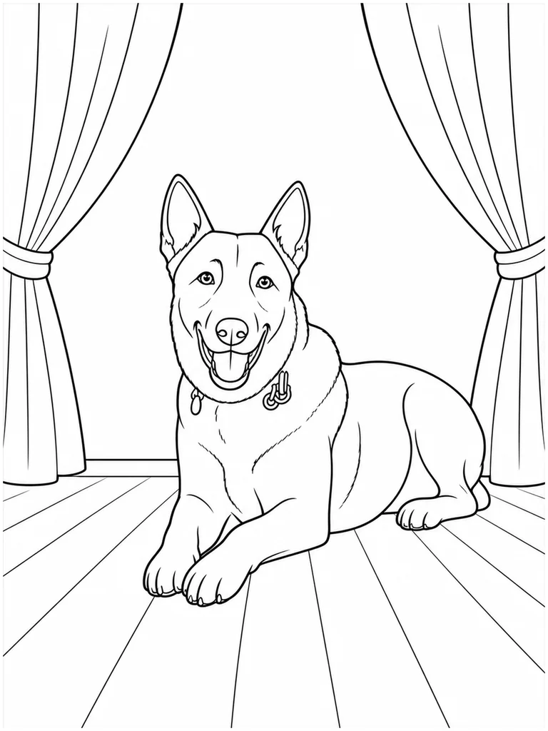 A relaxed Belgian Malinois lies between open theater curtains on a bare stage.