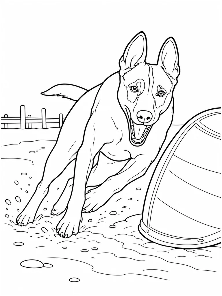 Beside an overturned canoe, a Belgian Malinois leans into a fast turn on the sand.