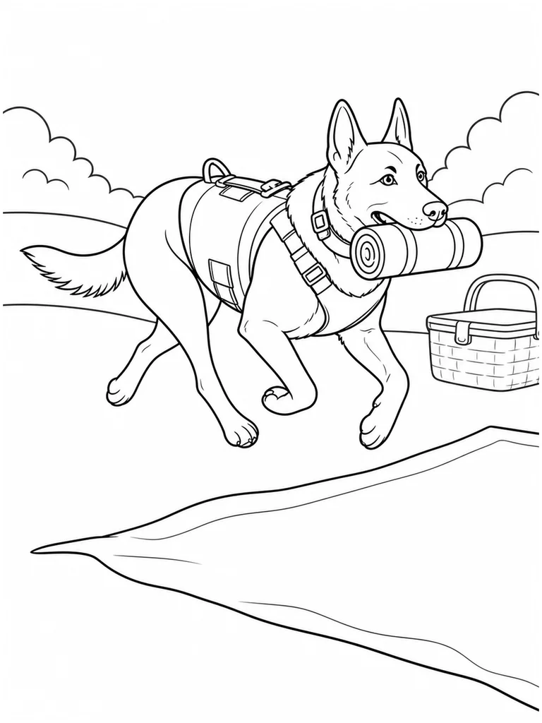 Carrying a rolled picnic blanket, a Belgian Malinois runs toward a spread cloth beside a basket.