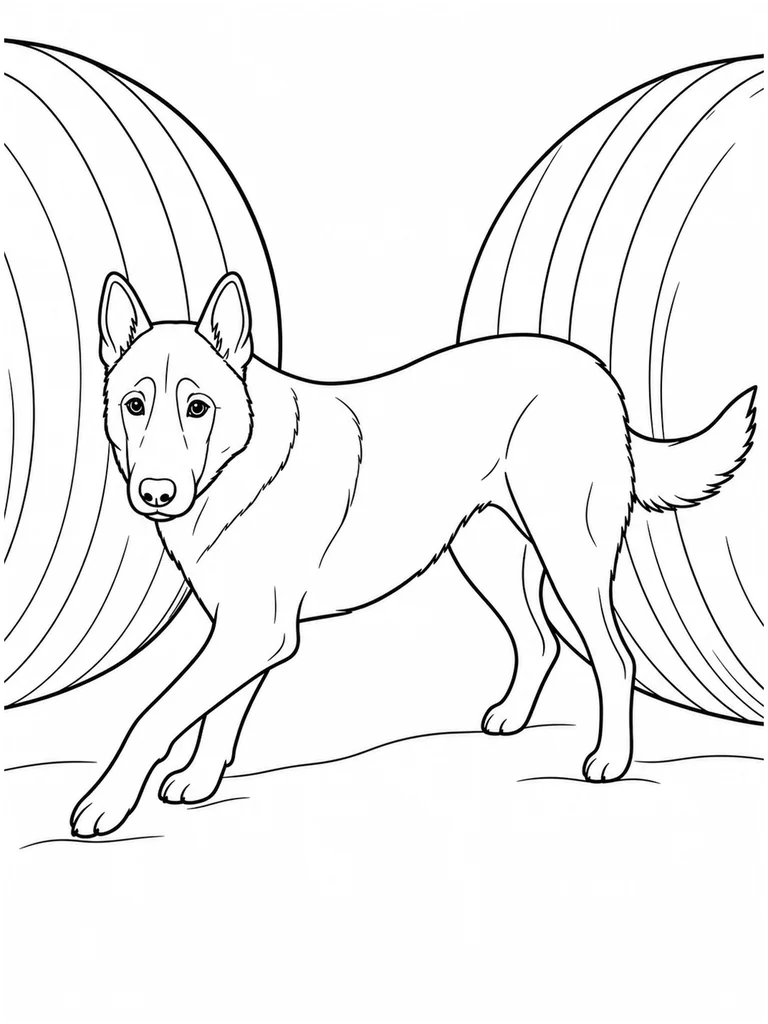 Between two round hay bales, a Belgian Malinois steps forward while looking toward the viewer.
