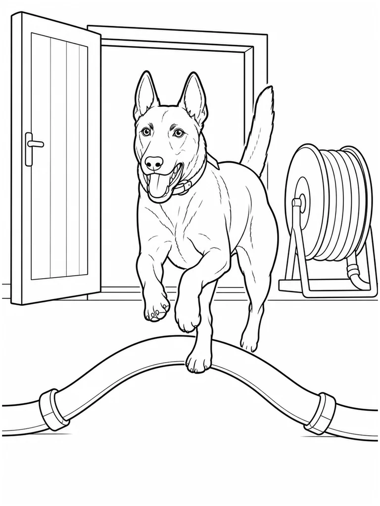 Leaping over a curved fire hose, a Belgian Malinois runs out of an equipment room past a hose reel.
