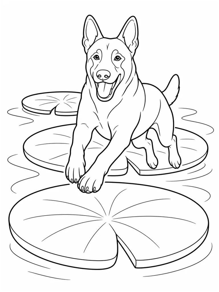 This printable coloring page shows a Belgian Malinois bounding across three oversized lily pads.