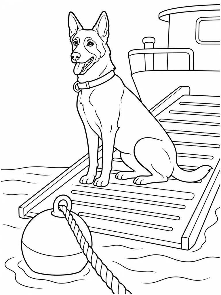 This printable coloring page shows a Belgian Malinois sitting on a ferry ramp beside a round buoy and thick rope.