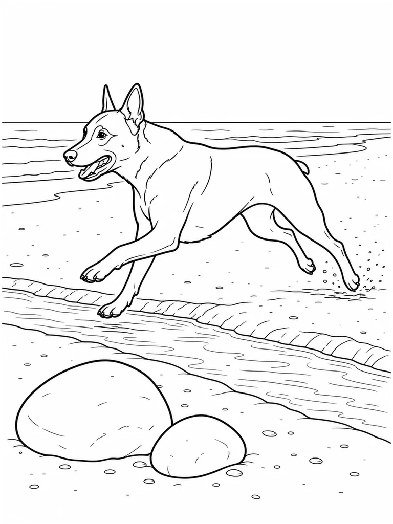 A Belgian Malinois races across a sandy beach beside a narrow stream and two smooth rocks.
