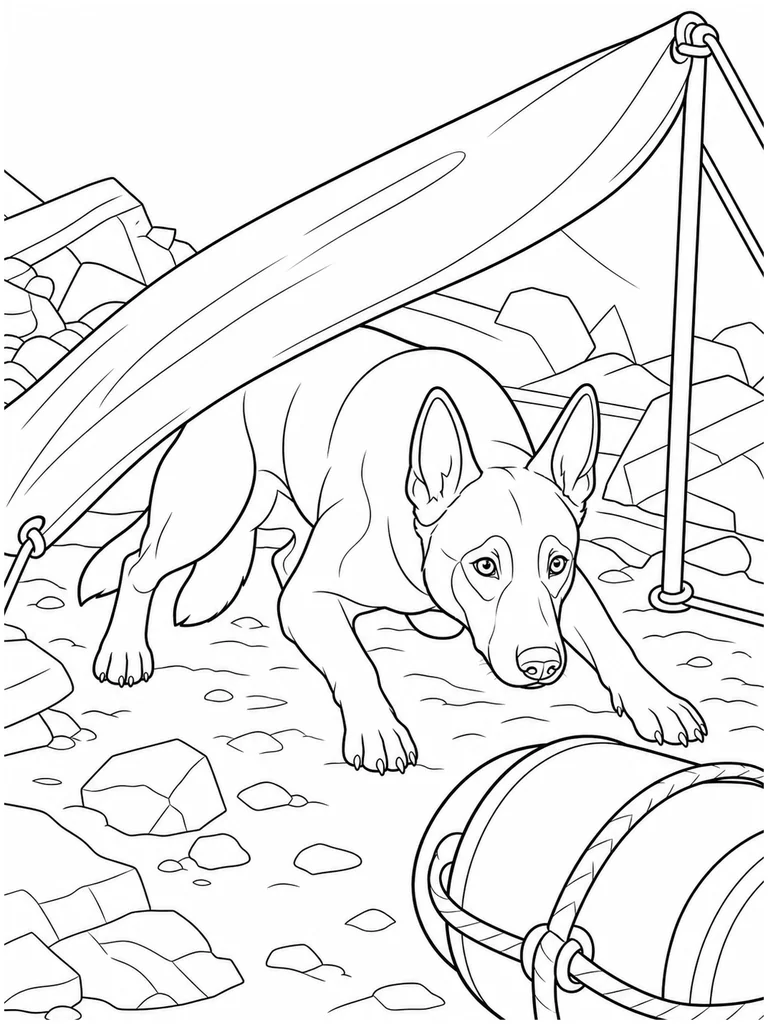 Under a low rescue tarp, a Belgian Malinois crouches toward a large float among scattered rocks.