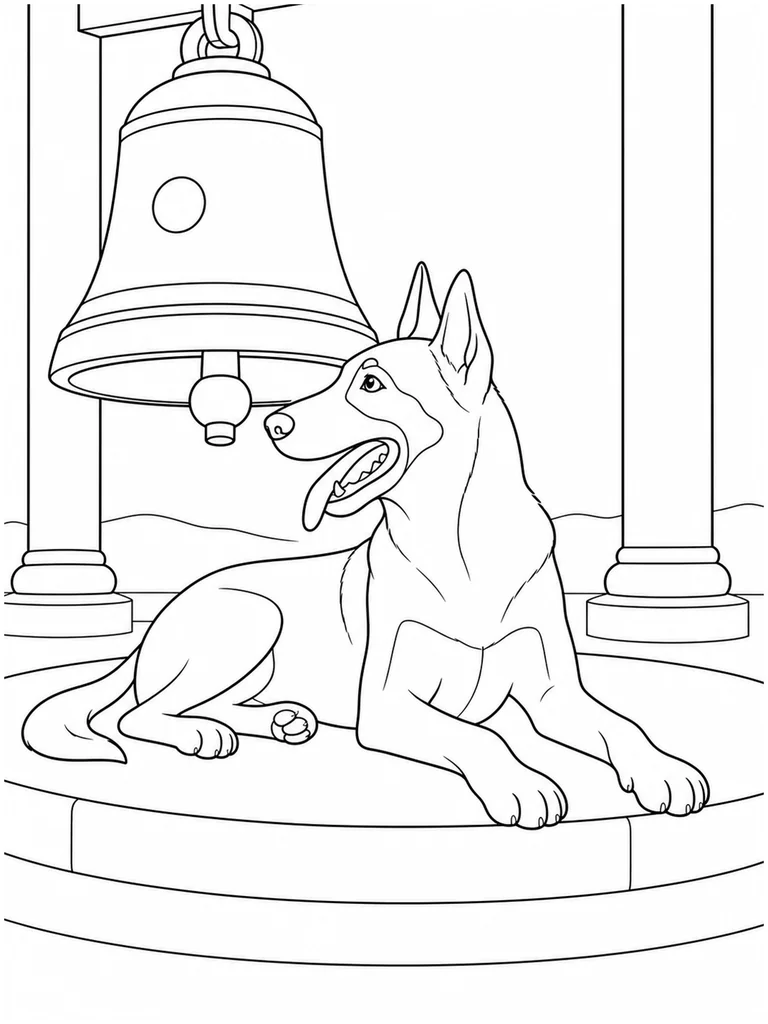 A resting Belgian Malinois looks toward a large bell hanging above a low stone platform.
