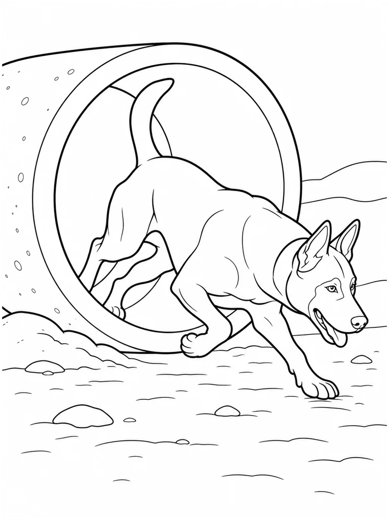 Running low through a large concrete pipe, a Belgian Malinois reaches toward rocky ground.