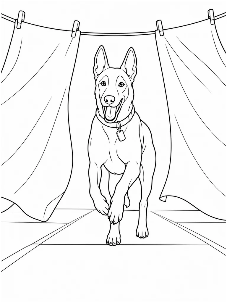 Hanging sheets part around a Belgian Malinois running down the center of a drying area.