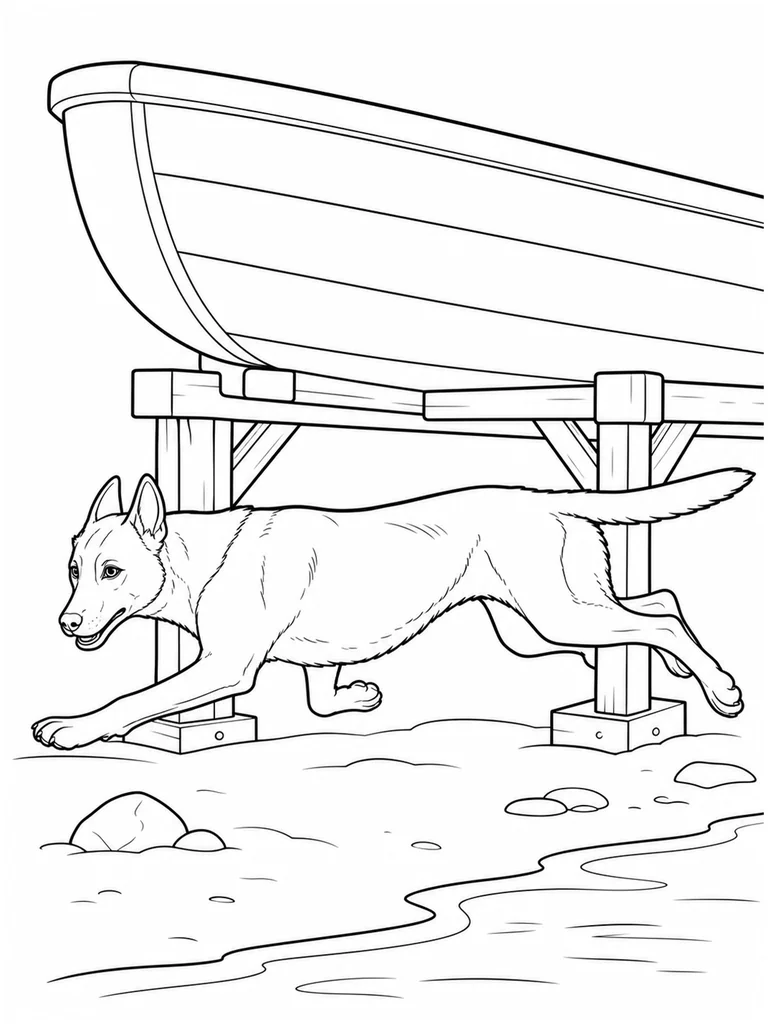 This printable line art shows a Belgian Malinois sprinting beneath a raised boat rack.