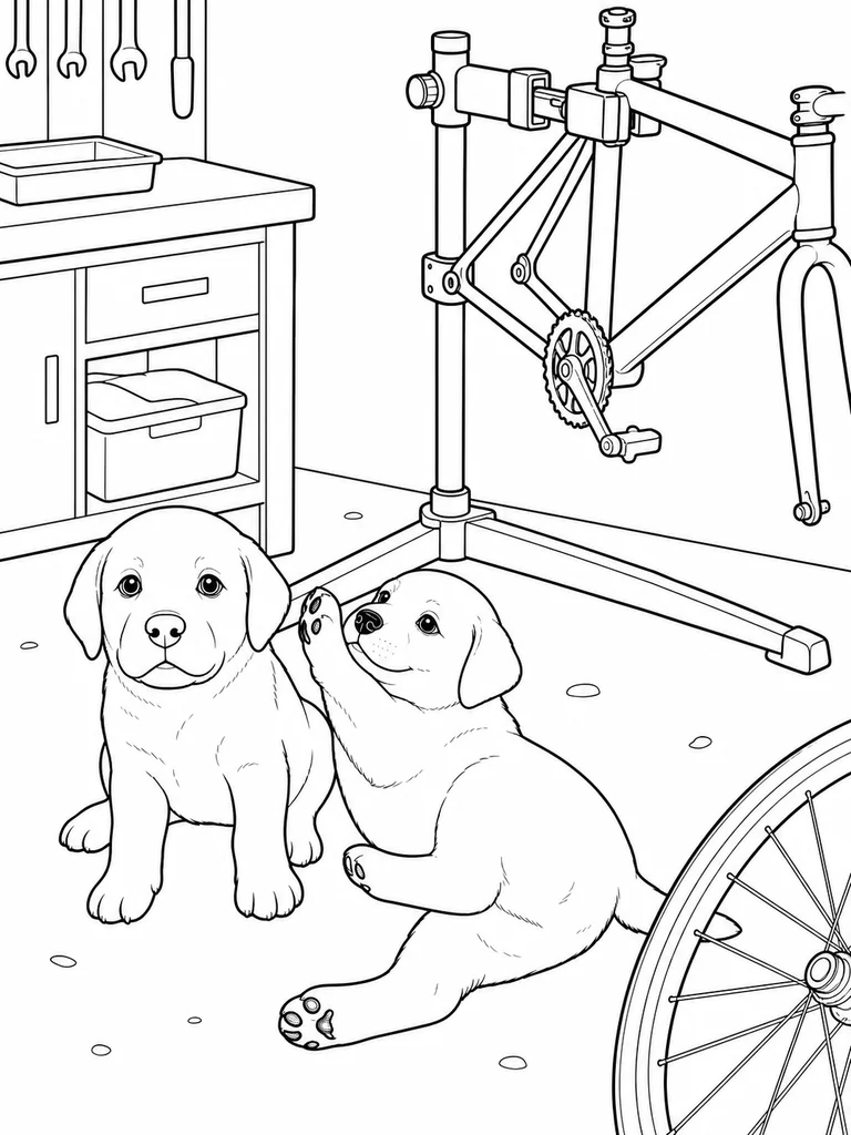 Near a bicycle repair stand, two Golden Pups sit and play beside a wheel.