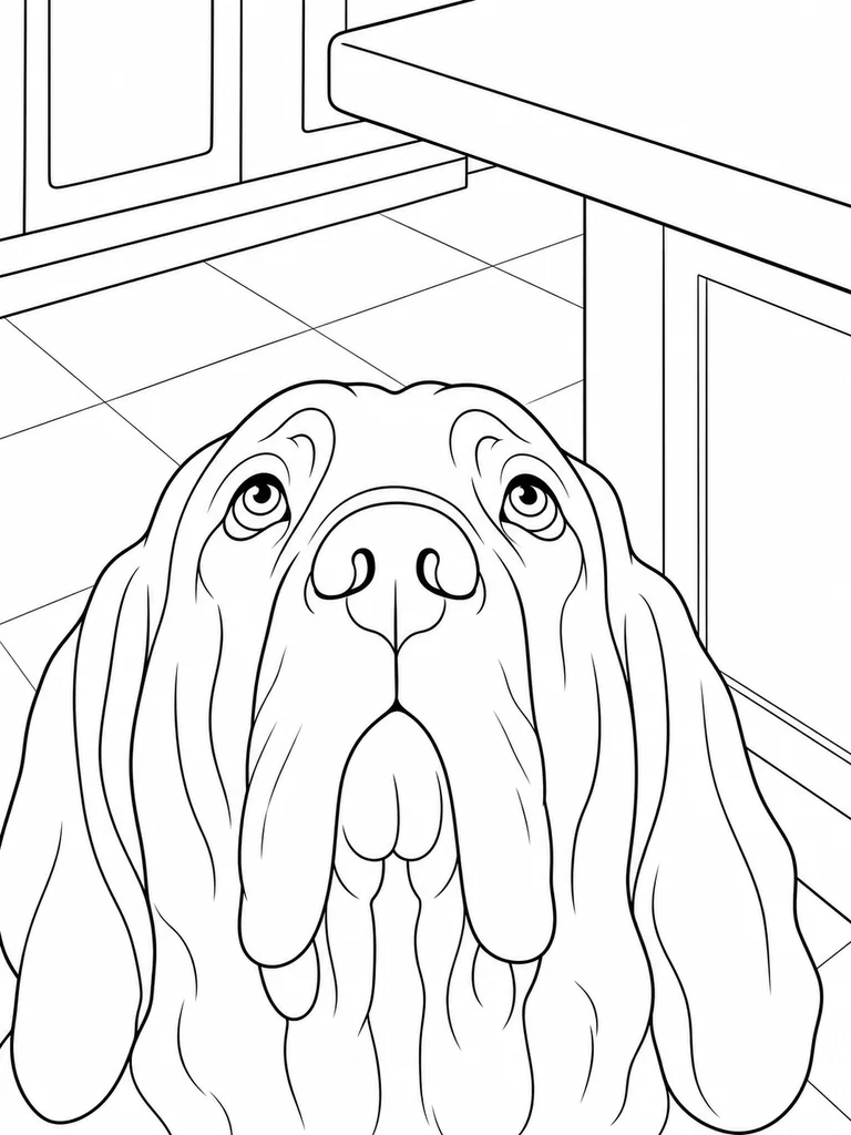Looking up from the kitchen floor, a Bloodhound fills the page with a gentle face.