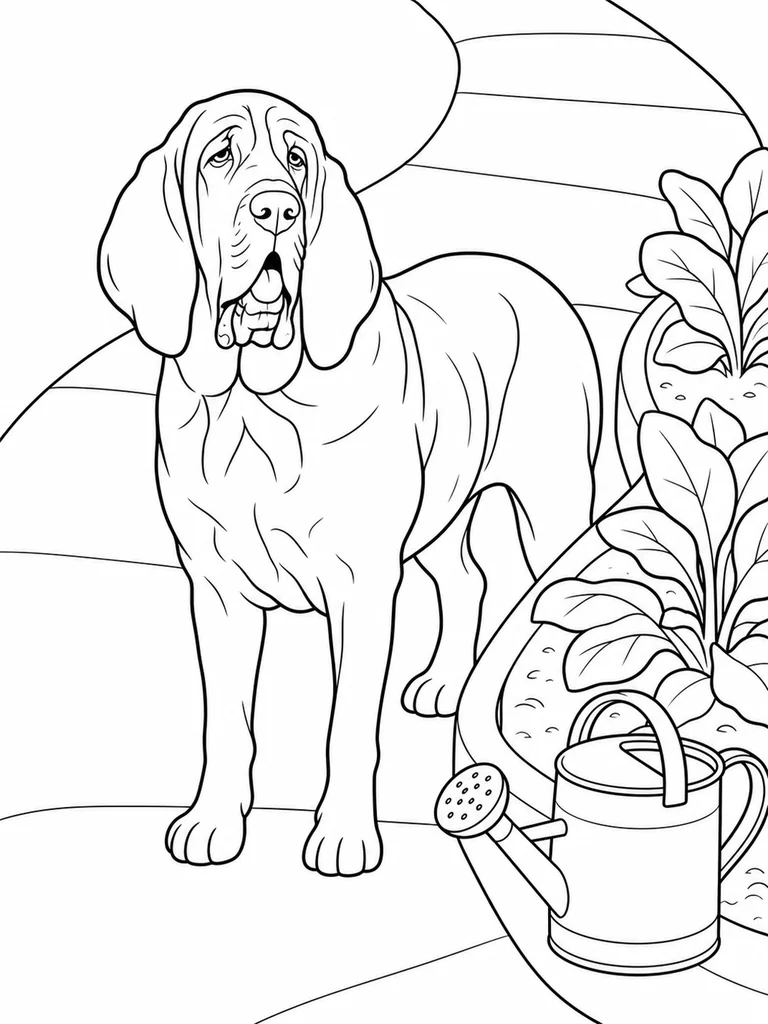 Beside a watering can, a Bloodhound stands on the garden path near broad leaves.