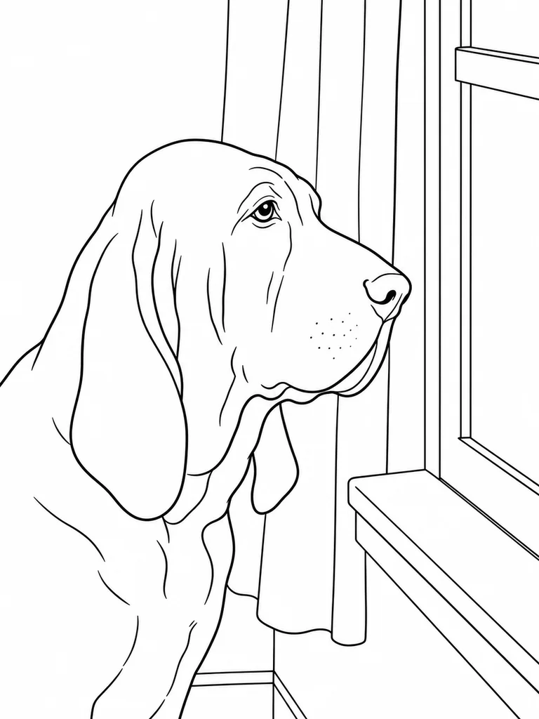 By the window, a Bloodhound Dog turns its long-eared face toward the light.