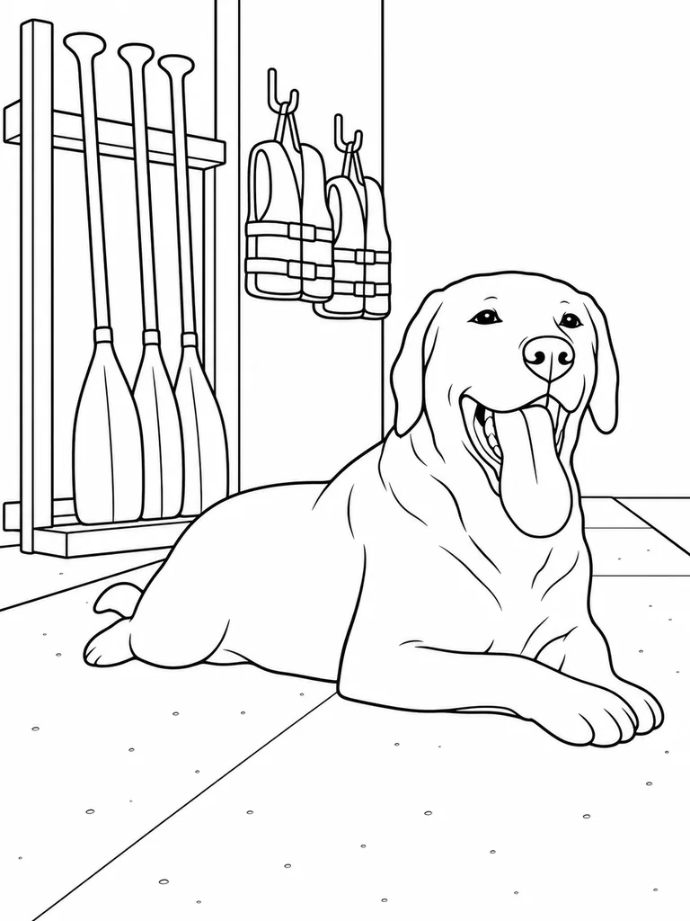 A Labrador Retriever rests on a boathouse walkway beside paddles and hanging vests.