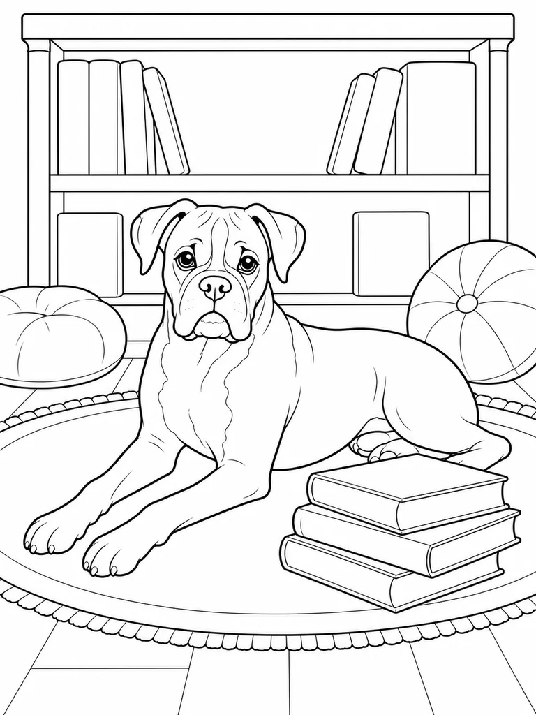 Resting on an oval rug, a Boxer Dog lies beside a stack of books in a bookstore reading corner.