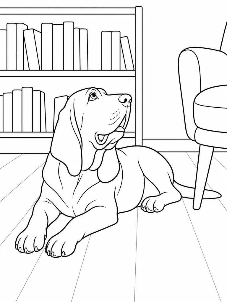 A Tracker Hound lies in a bookstore reading corner near low shelves and a chair.