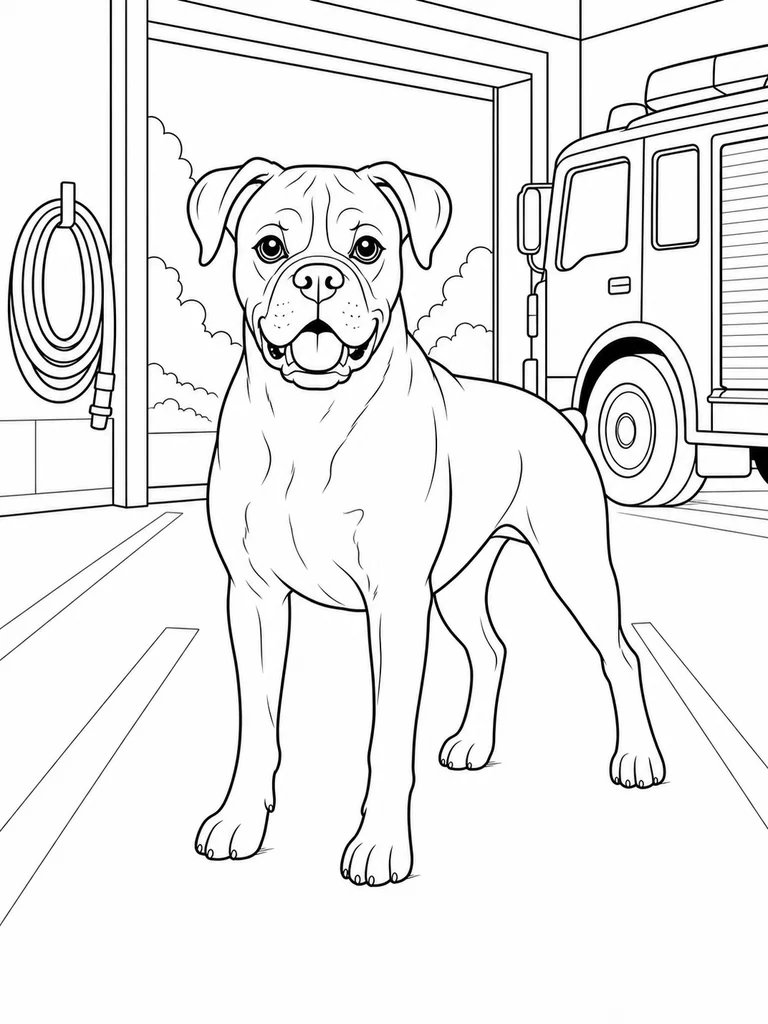This printable coloring page shows a Boxer Dog standing in a fire station garage beside a coiled hose and fire engine.