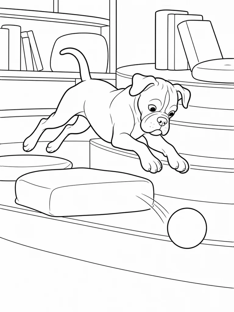This printable coloring sheet features a Boxer Dog leaping over a cushion toward a rolling ball among library shelves.