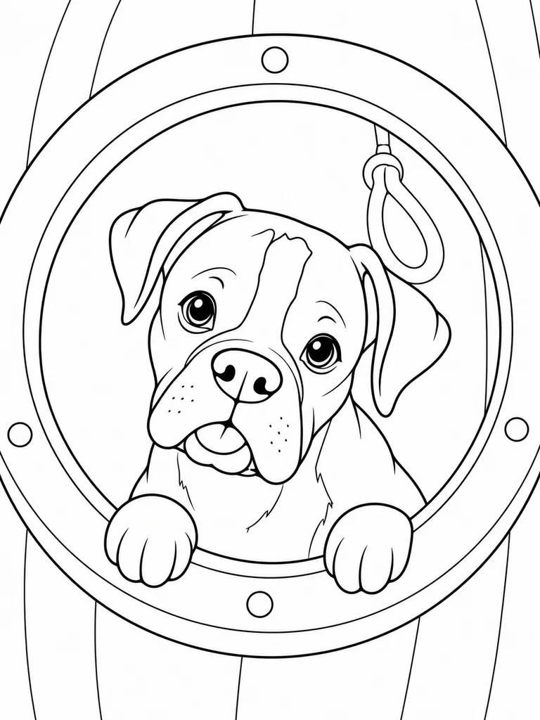 A Boxer Dog rests both front paws on the rim of a round ship porthole and peers through it.