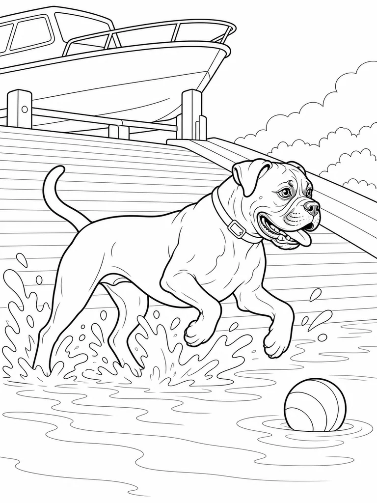Splashing through shallow water beside a rescue boat ramp, a Boxer Dog chases a floating ball.